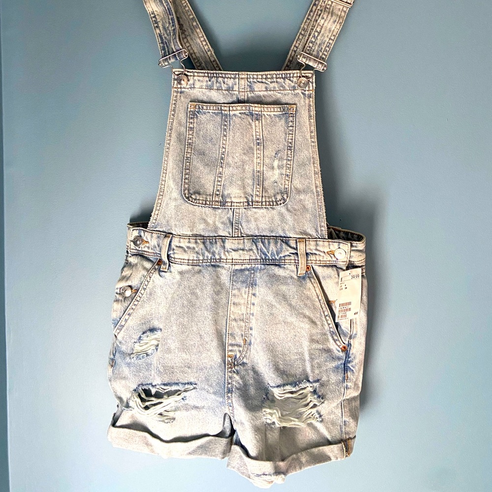 NWT Divided H&M Distressed Denim Overall Shorts